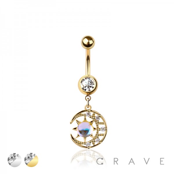 316L SURGICAL STEEL CIRCULAR SHAPED MOONSTONE MOON & SUN DANGLE BELLY BUTTON NAVEL RING 316L SURGICAL STEEL CIRCULAR SHAPED MOONSTONE MOON & SUN DANGLE BELLY BUTTON NAVEL RING